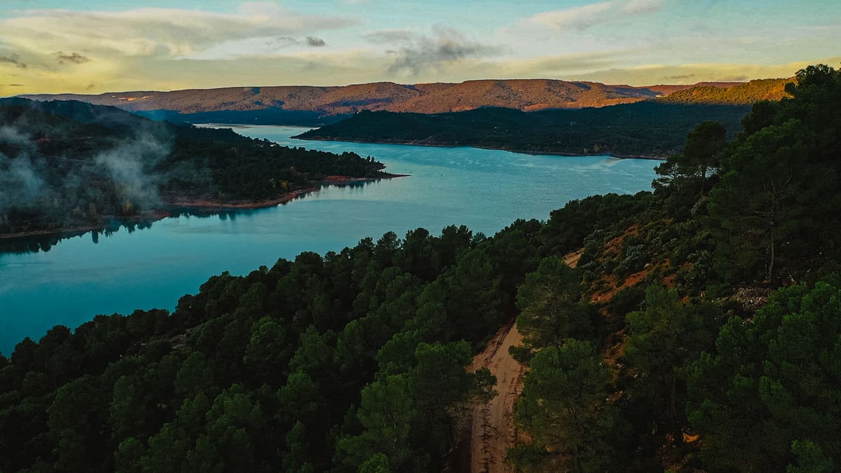 Embalse entre pinares al atardecer, visto desde el aire, con una pista de tierra en la ladera