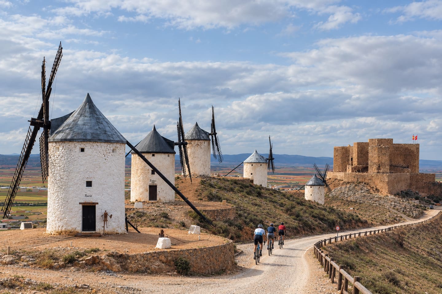 Ciclistas junto a los molinos y el castillo de Consuegra